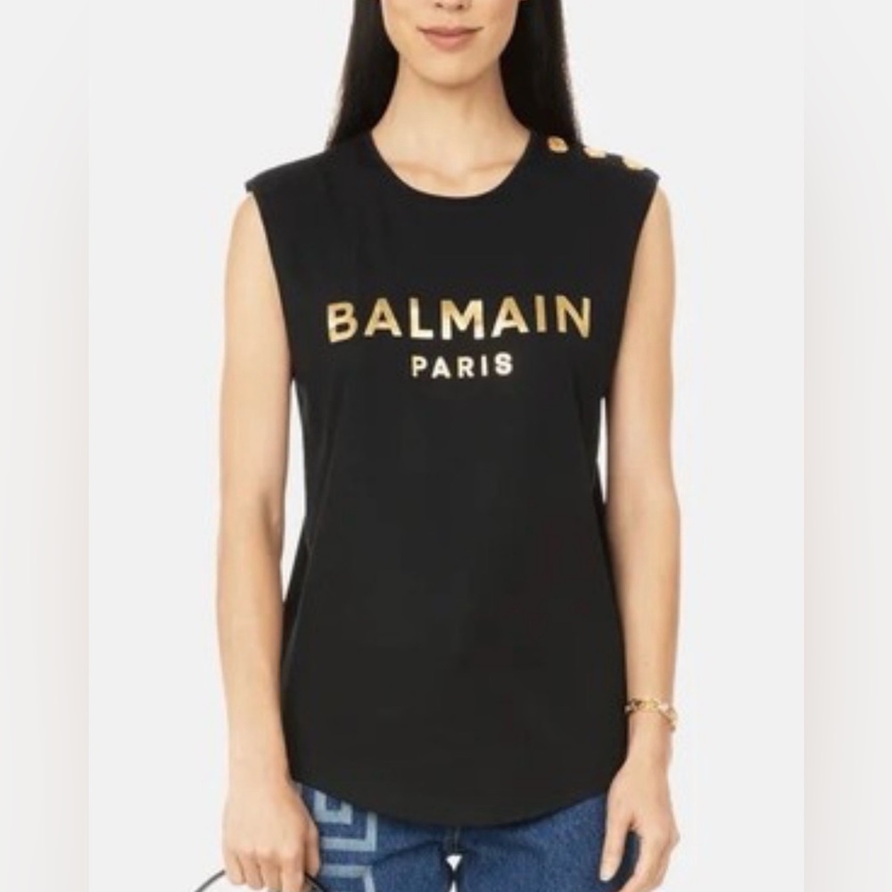 Balmain Black Muscle Tee with Gold Details